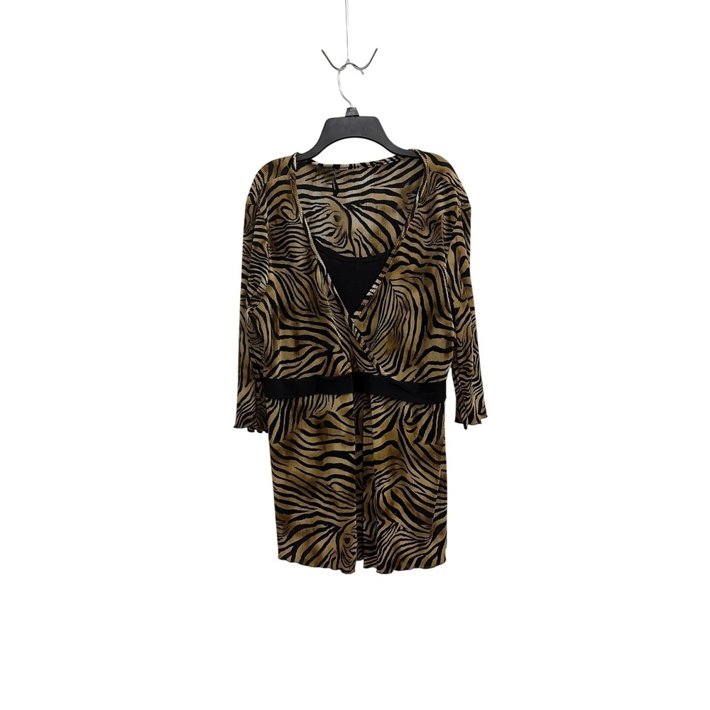 Tunic Top Animal Print Mobwife Goddess Women OS Brown Plisse Faux Wrap Pleated